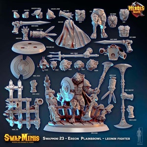 Puede incluir: Una miniatura impresa en 3D de un guerrero parecido a un león que sostiene una lanza y un escudo. La miniatura forma parte de un sistema magnético modular llamado Swap Minis. La miniatura mide 43 mm de alto y viene con una variedad de piezas intercambiables, incluyendo diferentes cabezas, armas y armaduras. La miniatura está diseñada para su uso en juegos de mesa y juegos de rol.