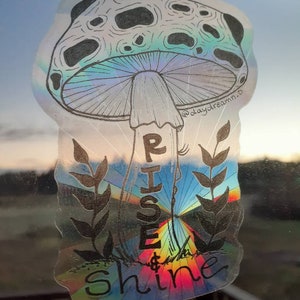 Rise and Shine Rainbow Maker Suncatcher Window Decal,  Original Mushroom Design, Line Drawing Art, Whimsical Window Decor