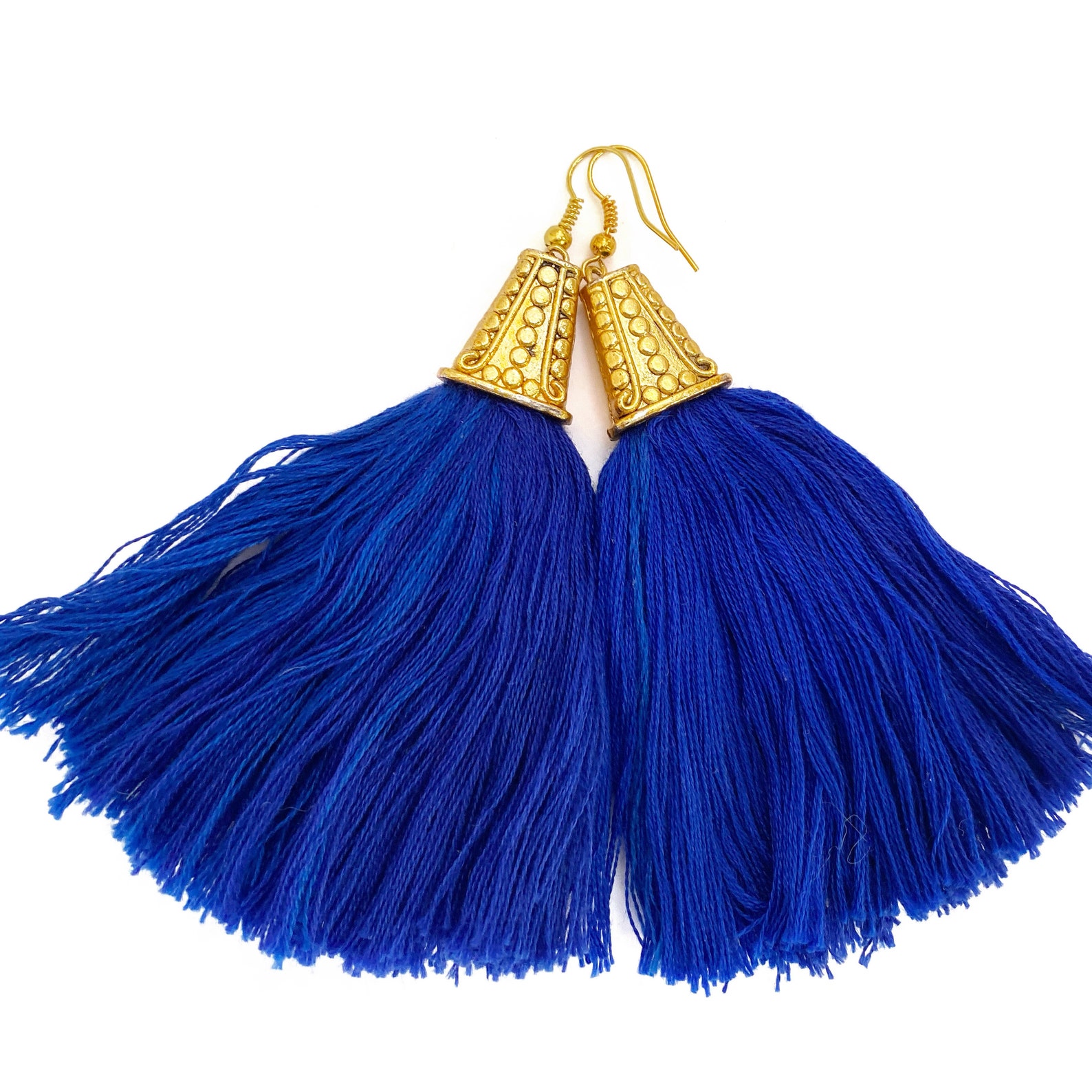Tassel Earrings Royal Blue Tassels Gold Plated Hook Etsy
