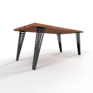 May include: A wooden table with black metal legs featuring a geometric design. The table top is a rich brown color and the legs are a matte black.