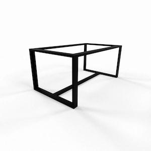 May include: A black, rectangular metal table frame. The frame is made of square tubing and has a minimalist design. The table frame is suitable for a coffee table or other furniture.