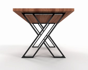 May include: A wooden table with a black metal X-shaped base. The table top is made of wood and the base is made of metal.