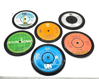 Sottobicchieri in vinile vintage anni '70, set casuale di 6
