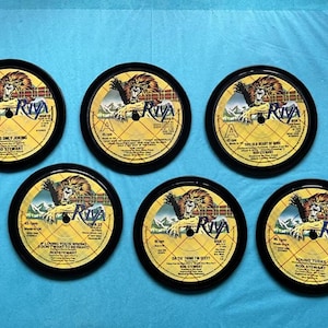 6 Rod Stewart coasters hand crafted from original Rod Stewart records, black waterproof velvet backed