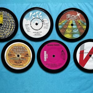 6 retro vinyl coasters hand crafted from original vinyl records, black waterproof velvet backed
