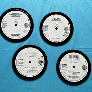 4 matching Rod Stewart coasters hand crafted from original vinyl records, black waterproof velvet backed
