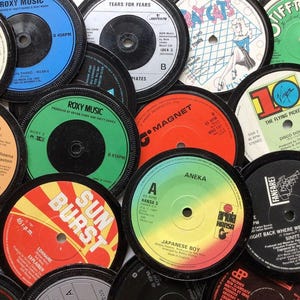 1980s coasters, crafted from original records, black waterproof velvet backed, and gift boxed choose number of coasters to make your own set