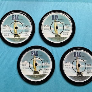 4 Suzi Quatro matching retro vinyl drinks coasters, hand crafted from original vinyl records, black waterproof velvet backed