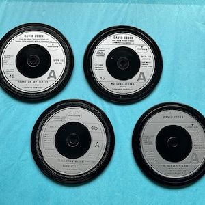 4 matching Davi Essex retro vinyl drinks coasters, hand crafted from original vinyl records, black waterproof velvet backed