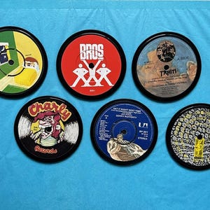 6 retro vinyl coasters hand crafted from original vinyl records black waterproof velvet backed