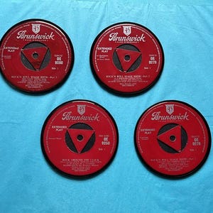 4 Bill Haley retro vinyl coasters, hand crafted from original Bill Haley rock n roll records, black waterproof velvet backed