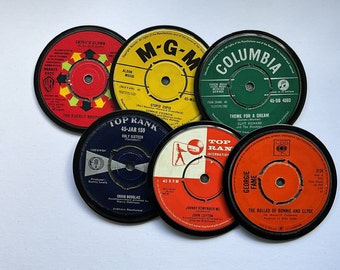 6 1960s retro vinyl coasters, hand crafted from original 1960s hit records, felt backed, and gift boxed