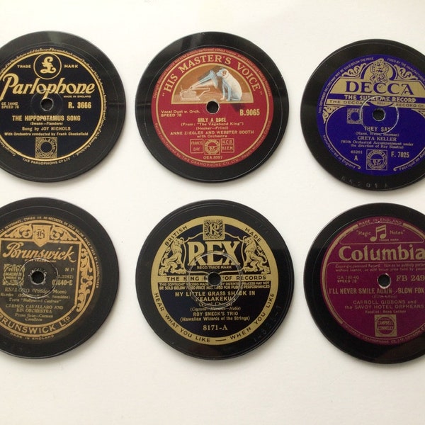 6 1950s shellac coasters hand Crafted from original 78rpm shellac records, felt backed gift boxed