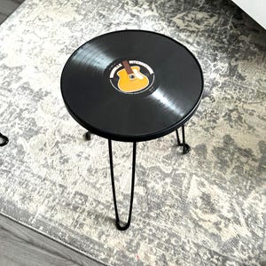 Retro Vinyl Record Side Table, Metal Hairpin Legs, Music Theme Accent Furniture
