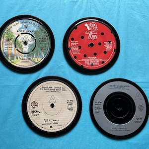4 Rod Stewart drinks coasters hand Crafted from original vinyl records, black waterproof velvet backed