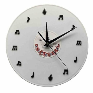 Unique vinyl record wall clock, hand crafted from an original 12” vinyl record, fully assembled ready to hang on your wall