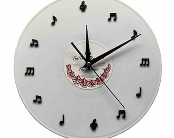 Unique vinyl record wall clock, hand crafted from an original 12” vinyl record, fully assembled ready to hang on your wall