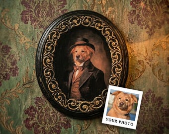 Custom Victorian Dog Portrait Wood Plaque – Personalized Pet Wall Art, Rustic Oval Decor