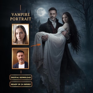 Könnte beinhalten: Digitales Vampirporträt mit einem Mann, der eine Frau in einem weißen Kleid trägt, vor einer gotischen Burg und einem Vollmond. Das Bild enthält zwei Porträtbeispiele und den Text "Vampire Portrait", "Digital Download" und "Ready in 24 hours."