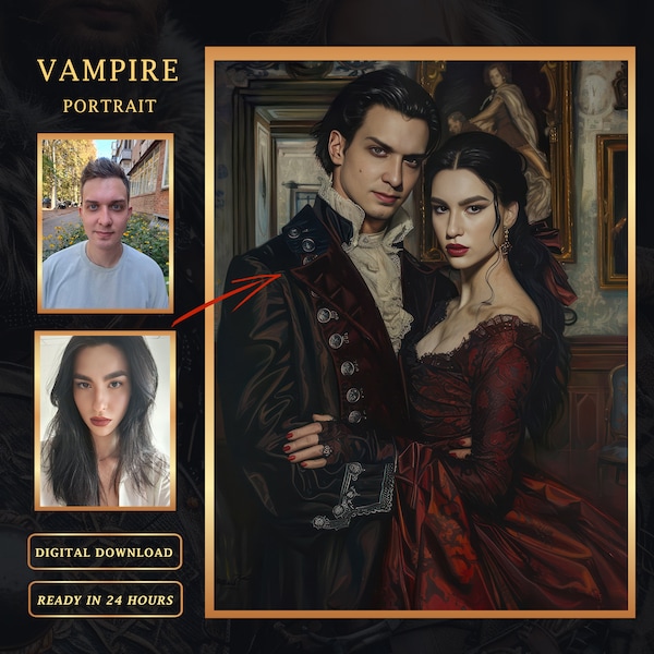 Retrato personalizado de pareja de vampiros de la foto, retrato personalizado de vampiro oscuro en estilo de pintura al óleo, el mejor regalo para pareja