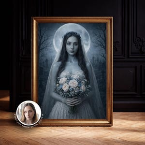 May include: A framed portrait featuring a woman in a white wedding dress, holding a bouquet of white and blue flowers. The background shows a full moon, trees, and a graveyard. The frame is gold, and the portrait is displayed on a wooden floor.