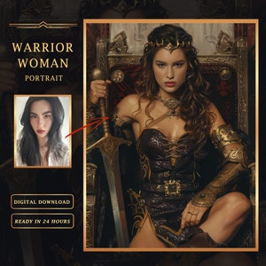 Custom Warrior Portrait from Photo, Personalized Queen Warrior Portrait, Unique Gift for her, Birthday gift, Digital Download