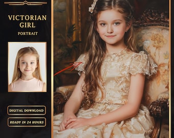 May include: A digital painting of a young girl in a white dress with lace details. She is sitting in a chair with a floral pattern. The painting is in a Victorian style.