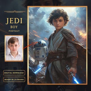Könnte beinhalten: Ein junger Jedi-Junge in einem braunen und grauen Gewand mit einem Lichtschwert in der Hand. Er steht vor einem weißen und grauen Roboter. Der Hintergrund ist eine dunkelblaue und graue Weltraumszene.