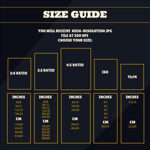 May include: Size guide graphic with dimensions in inches and centimeters. Includes 3:4, 2:3, 4:5, ISO, and 11x14 ratios. Text reads "YOU WILL RECEIVE HIGH-RESOLUTION JPG FILE AT 300 DPI CHOOSE YOUR SIZE;"