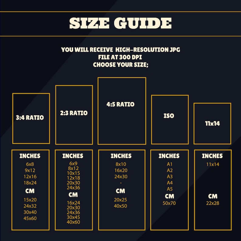 May include: Size guide graphic with dimensions in inches and centimeters. Includes 3:4, 2:3, 4:5, ISO, and 11x14 ratios. Text reads "YOU WILL RECEIVE HIGH-RESOLUTION JPG FILE AT 300 DPI CHOOSE YOUR SIZE;"