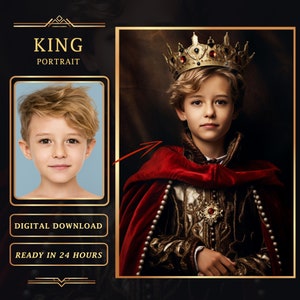 Könnte beinhalten: Ein digitales Porträt eines jungen Jungen, der als König verkleidet ist. Er trägt eine goldene Krone mit roten Juwelen, einen roten Samtmantel und eine gold-weiß gemusterte Tunika. Das Porträt hat einen Vintage-Stil.