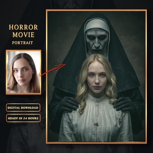 Puede incluir: Retrato digital de película de terror con una mujer con un vestido blanco y una figura de monja demoníaca detrás de ella. La imagen incluye un retrato más pequeño de una mujer y el texto "HORROR MOVIE PORTRAIT", "DIGITAL DOWNLOAD" y "READY IN 24 HOURS".