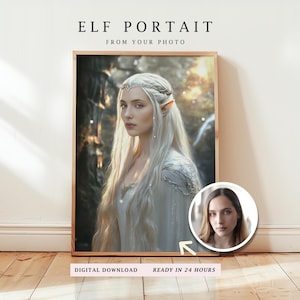 Peut inclure: Portrait numérique d'une femme aux longs cheveux blancs et aux oreilles pointues, portant une couronne argentée et une robe blanche. L'arrière-plan est une forêt avec la lumière du soleil qui traverse les arbres. Le texte "ELF PORTRAIT FROM YOUR PHOTO" est en haut de l'image. Le texte "DIGITAL DOWNLOAD READY IN 24 HOURS" est en bas de l'image.