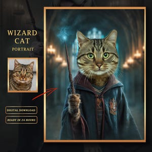 Custom Wizard Cat Portrait from Photo, Personalized Magician Pet Portrait, Custom Christmas Gift for Cat Lover