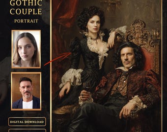 Puede incluir: Descarga digital de un retrato de pareja gótica. La imagen presenta a un hombre y una mujer con ropa vintage, con el texto "Gothic Couple Portrait". La mujer lleva un vestido negro con encaje blanco, y el hombre lleva una chaqueta roja. Se muestran dos retratos de muestra.