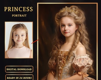 May include: A digital painting of a young girl dressed as a princess. She is wearing a white and gold dress with a pearl necklace and a gold crown. Her hair is styled in a long, flowing blonde wig. The background is a dark brown.