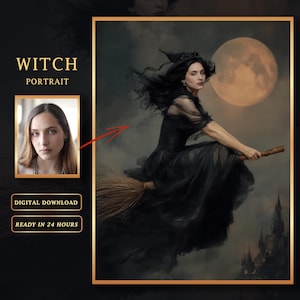 Puede incluir: Retrato digital de una bruja montada en una escoba contra una luna llena y un castillo. La bruja está representada con un vestido y sombrero negros. La imagen incluye el texto "Witch Portrait", un retrato de una mujer y las palabras "Digital Download" y "Ready in 24 Hours".