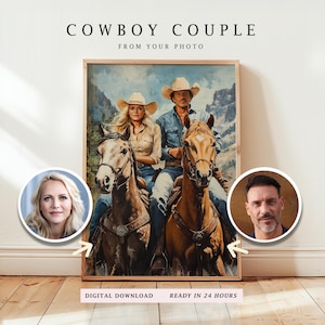 Individuell gefertigtes Cowboy Paar Portrait: Personalisierte Western Illustration (Digitaler Download)