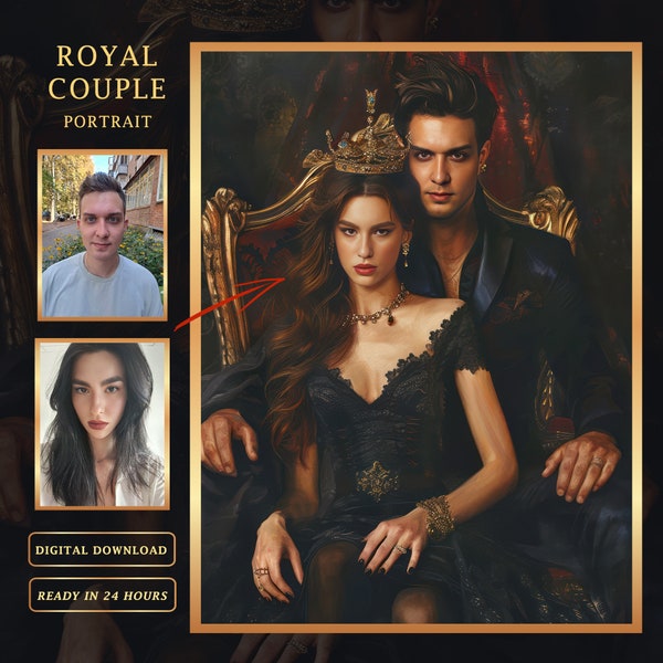 Custom Royal Couple Portrait from Photo, Personalized Romantic King and Queen Portrait, Best gift for couple, Digital download