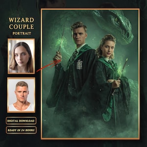 Custom Wizard Couple Portrait from Photo, Personalized Magician Portrait, Custom Christmas Family gift,