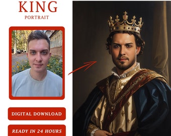 Personalized King Royal Portrait from Photo, Renaissance Portrait, Custom Man Portrait, Digital download, Gift for him