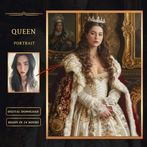 May include: A woman wearing a white gown with gold embroidery and a red and white fur-trimmed robe. She is wearing a crown and a pearl necklace. The background is a dark, ornate room.