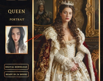 Könnte beinhalten: Eine Frau in einem weißen Kleid mit goldener Stickerei und einem rot-weißen Pelz-Umhang. Sie trägt eine Krone und eine Perlenkette. Der Hintergrund ist ein dunkler, verzierter Raum.