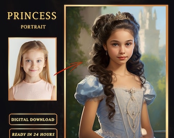May include: A digital painting of a young girl dressed as a princess. She is wearing a light blue gown with a white lace bodice and a gold crown. Her hair is long and dark brown, and she has a sweet expression on her face.
