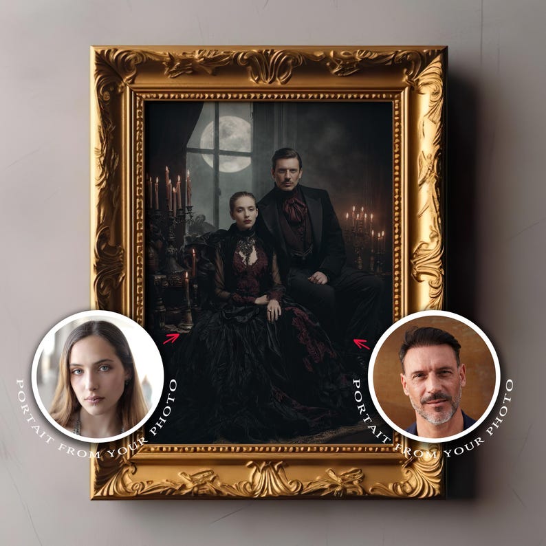 May include: A framed portrait featuring a couple in gothic attire, set against a dark, candlelit backdrop with a full moon visible. The ornate gold frame surrounds the image, with the text "PORTRAIT FROM YOUR PHOTO" in a circular design.