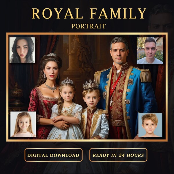 Portrait personnalisé de la famille royale à partir d'une photo, portrait personnalisé de la reine et du roi avec leur enfant, portrait de famille personnalisé, meilleur cadeau pour une famille