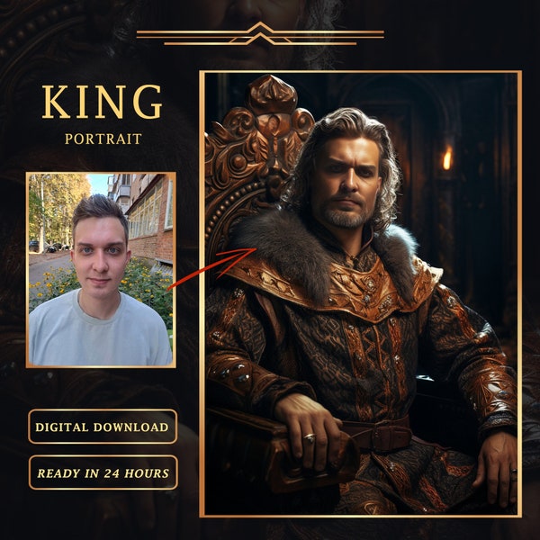 Personalisiertes König Royales Porträt vom Foto, Königliches König Porträt, Benutzerdefiniertes Männerporträt, Digitaler Download, Geschenk für ihn