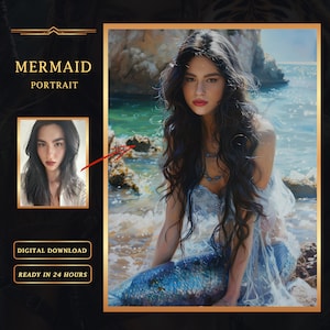 Retrato de sirena personalizado a partir de una foto, retrato femenino de fantasía personalizado, descarga digital, regalo de cumpleaños para una mujer