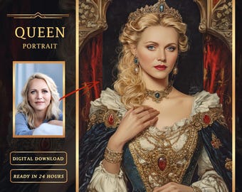 Könnte beinhalten: Ein digitales Gemälde einer Frau in einem blauen und goldenen Kleid mit einer Krone und Schmuck. Sie sitzt auf einem Thron mit roten Samtvorhängen dahinter.