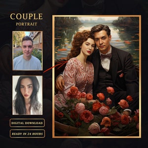 Custom Victorian Couple Portrait from Photo. Portrait of Romantic couple in a boat. The best gift for Valentine&#39;s Day